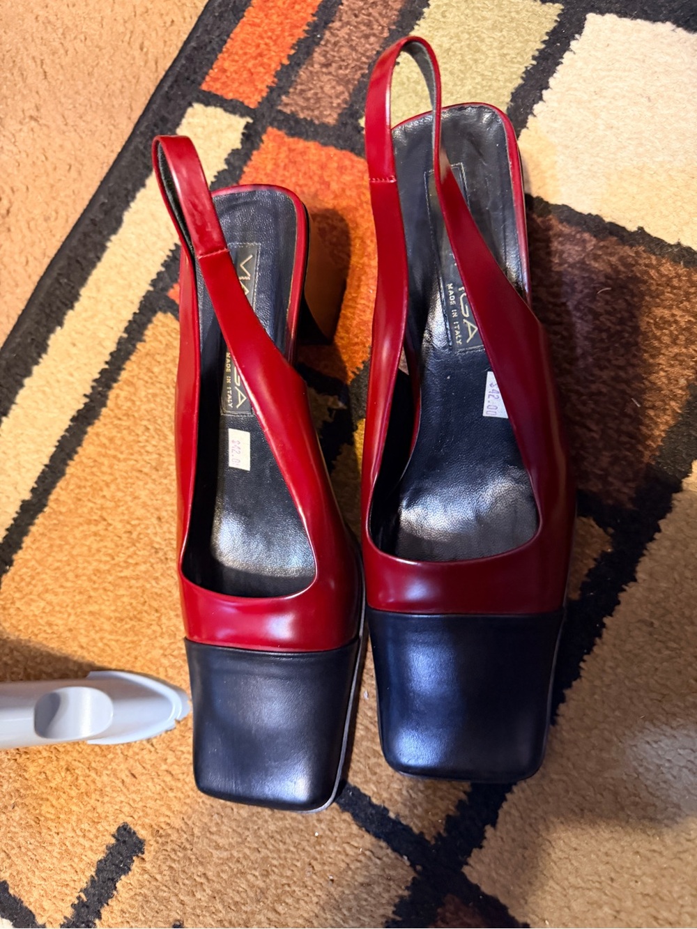 Via Spiga Red and Black Square-Toe Slingback Block Heels